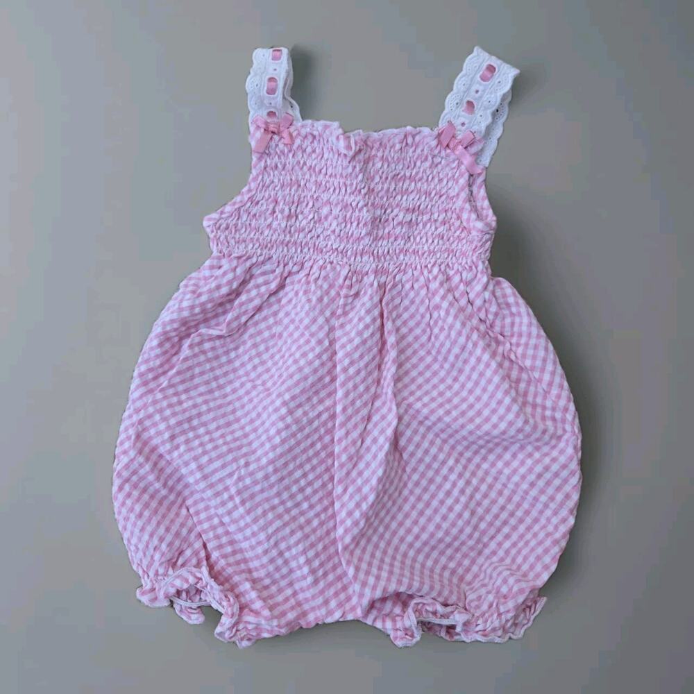 Savannah Baby Girl Pink/White Striped Smocked Romper Size 3 Months 100% Cotton